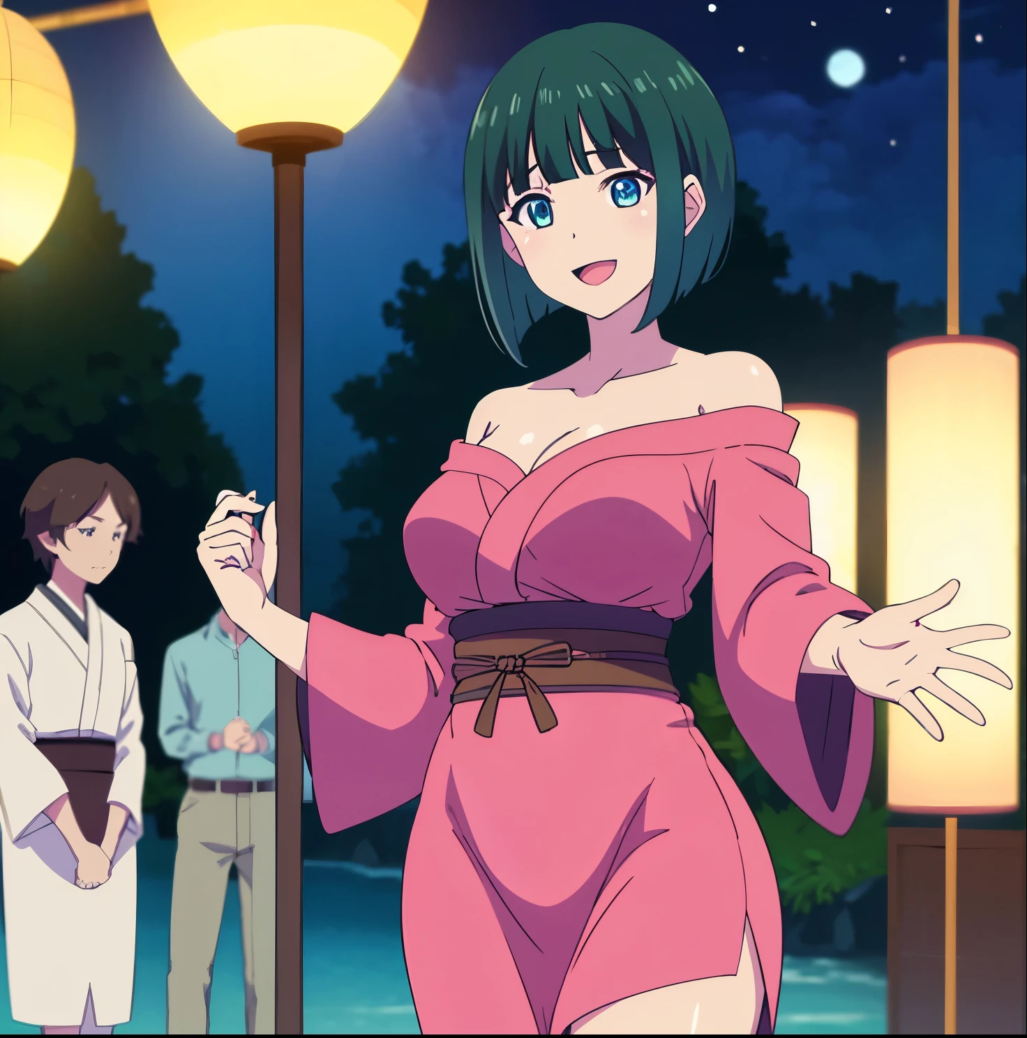 masterpiece, best quality, highres, 1girl, alone, shiragiku ono,short hair, green hair, bob cut, blue eyes, large breasts, , off shoulder, strapless, collarbone, japanese clothes, kimono, night, smile, open mouth, summer festival, standing,big breasts, medium waist, wide hips, medium thighs, good anatomy, good hands