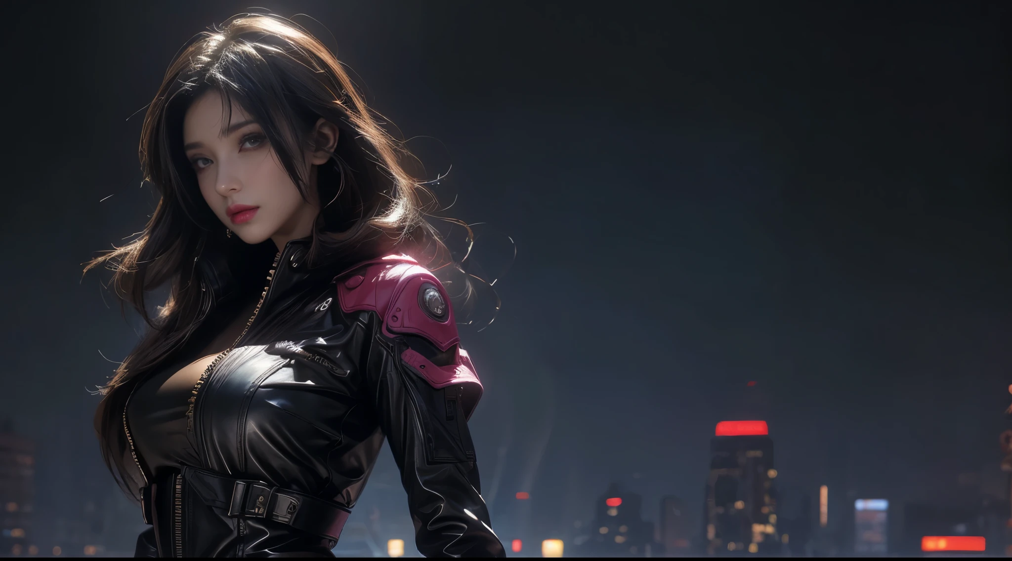 masterpiece,quality,Best quality,official art,(Beauty and aesthetics:1.2),(masterpiece:1.3),The cities of the future,cyberpunk characters,a girl,sexy leather clothes,looking at camera,(close lens:1.8),volume fog,rain,night,dramatic