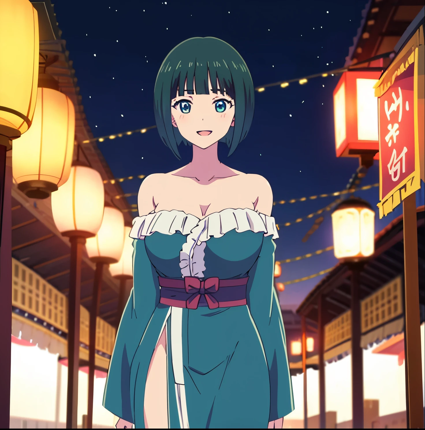 masterpiece, best quality, highres, 1girl, alone, shiragiku ono,short hair, green hair, bob cut, blue eyes, large breasts, , off shoulder, strapless, collarbone, japanese clothes, kimono, night, smile, open mouth, summer festival, standing,big breasts, medium waist, wide hips, medium thighs, good anatomy, good hands