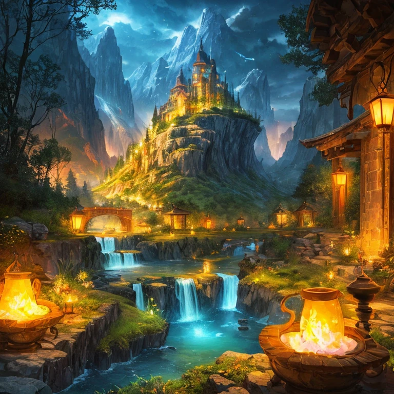 best quality, masterpiece, beautiful wild and natural fantasy landscape with glowing lights