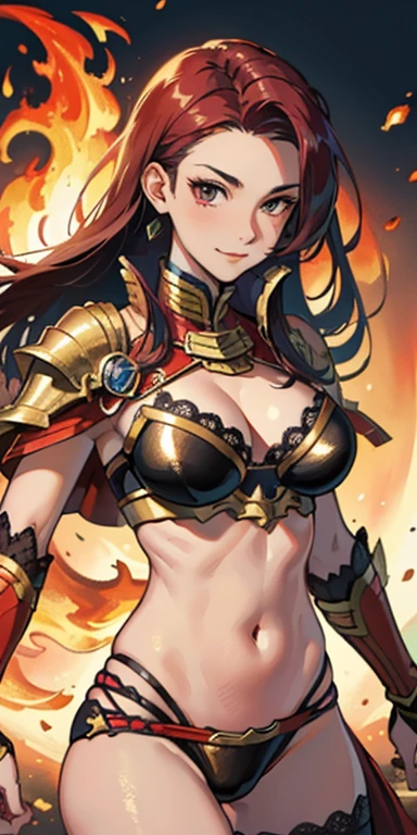 (masterpiece), best quality, expressive eyes, perfect face, ((gold and crimson armor)), closed smile, athletic body, slim figure, lace bikini, thong, exposed midriff, large breasts, cleavage, fishnets, watercolor, fire background. fire magic, sunset