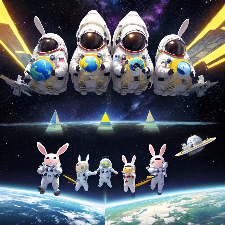 super high image quality、Super delicate、character design drawing、Full body like、Multiple Pose、Multiple facial expressions、Anthropomorphic cute rabbit、Bunnies in space spacesuits、Colorful colors、Space Continent,starrysky,Landing flying ship,heavenly body,Huge alien planet pyramid temple background,Space Adventure Expedition Ready to Go,