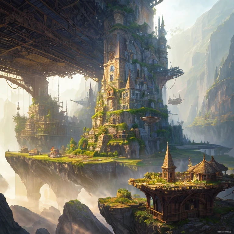 Many islands are suspended in the air with many small airships flying around, cities, fantasy, magical plants growing, extreme details, realistic light, epic composition, (complex details), (complex design, ultra-details :1.2), Art Station, (Masterpiece, Best Quality), Ultra HD, 32k --v 6