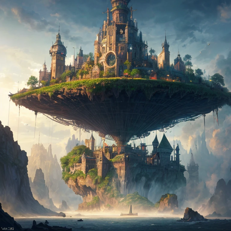 Many islands are suspended in the air with many small airships flying around, cities, fantasy, magical plants growing, extreme details, realistic light, epic composition, (complex details), (complex design, ultra-details :1.2), Art Station, (Masterpiece, Best Quality), Ultra HD, 32k --v 6