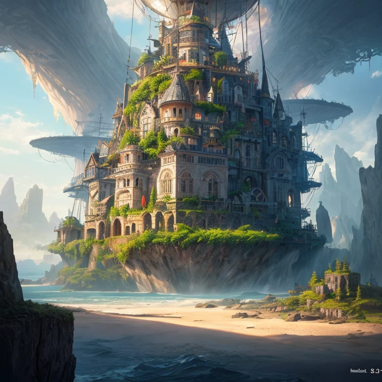 Many islands are suspended in the air with many small airships flying around, cities, fantasy, magical plants growing, extreme details, realistic light, epic composition, (complex details), (complex design, ultra-details :1.2), Art Station, (Masterpiece, Best Quality), Ultra HD, 32k --v 6