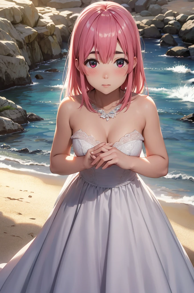 (((perfect pixels, perfect details))), alone, 1 girl, sumi sakurasawa, wedding dress, white dress, looking at viewer, marriage, blushing, embarrassed, dress short wedding dress, short dress, white dress, blush, big breasts, pink hair, beach, sea, sand.