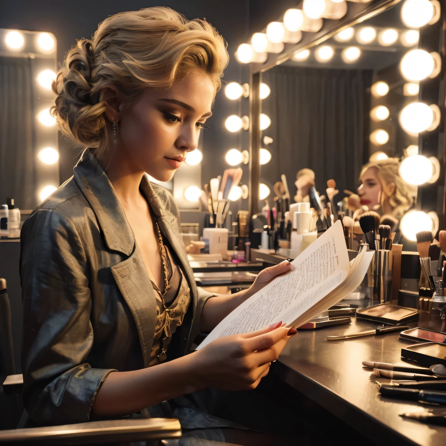 Photo of a young woman who is a Madonna look-a-like, sitting at a makeup vanity backstage at a Broadway theater, studying lines from a script in her hands. She is focused. Modern. Dramatic lighting.