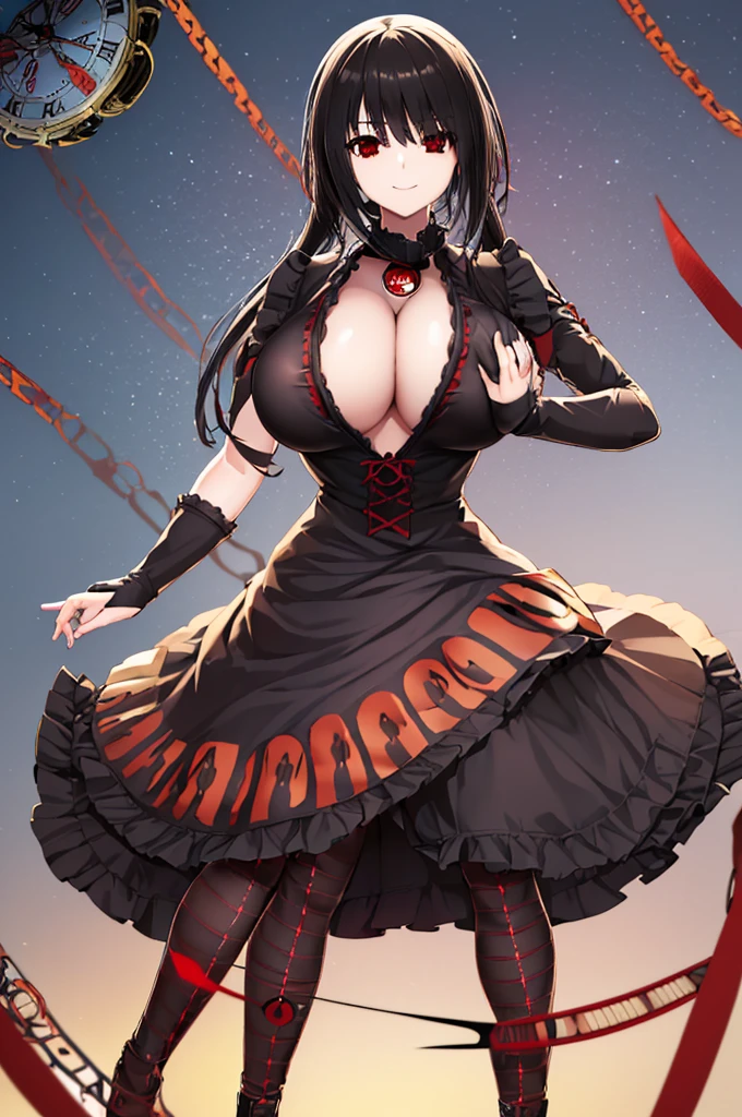 kurumi tokisaki, black hair, ponytales, hair over one eyes, (one red eyes:1.5), (one clock eyes:1.5), (big breast:1.6), smile, cute, gothic, dress, pantyhose, black pantyhose, (masterpiece), best quality, high resolusion, (beautiful detailed eyes:1.3), (perfect anatomy)