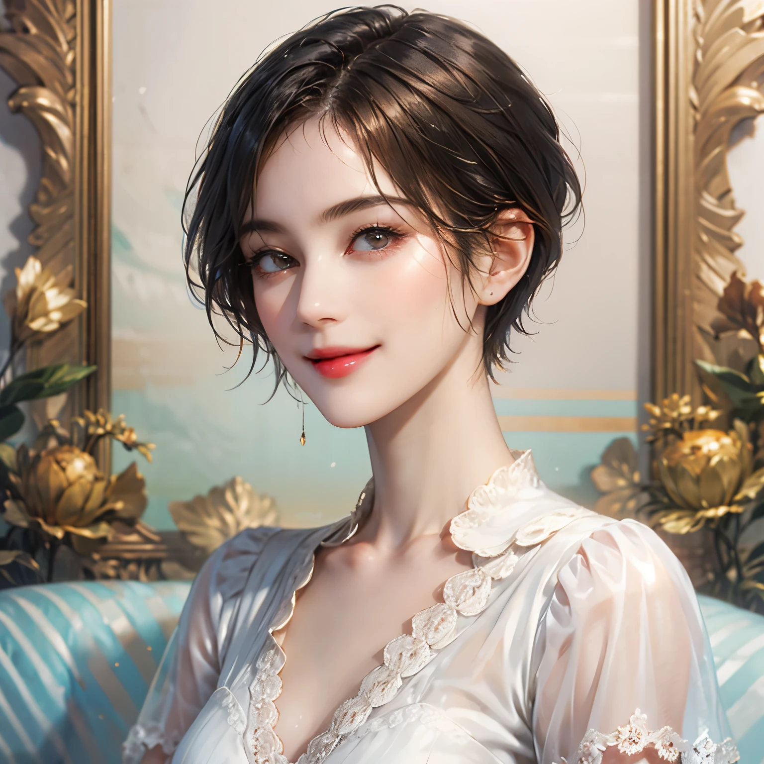 143
(20 year old woman), (surreal), (High level image quality), ((beautiful hairstyle 46)), ((short hair:1.46)), (gentle smile), (breasted:1.1), (lipsticks)