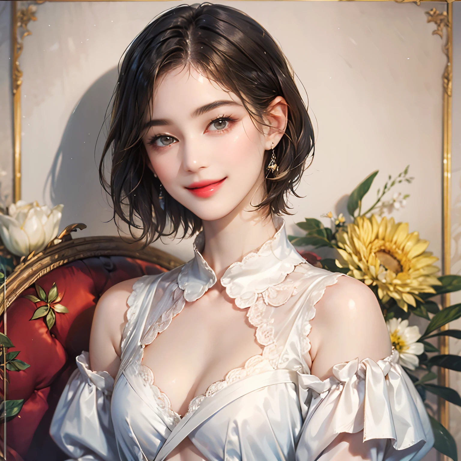 143
(20 year old woman), (surreal), (High level image quality), ((beautiful hairstyle 46)), ((short hair:1.46)), (gentle smile), (breasted:1.1), (lipsticks)