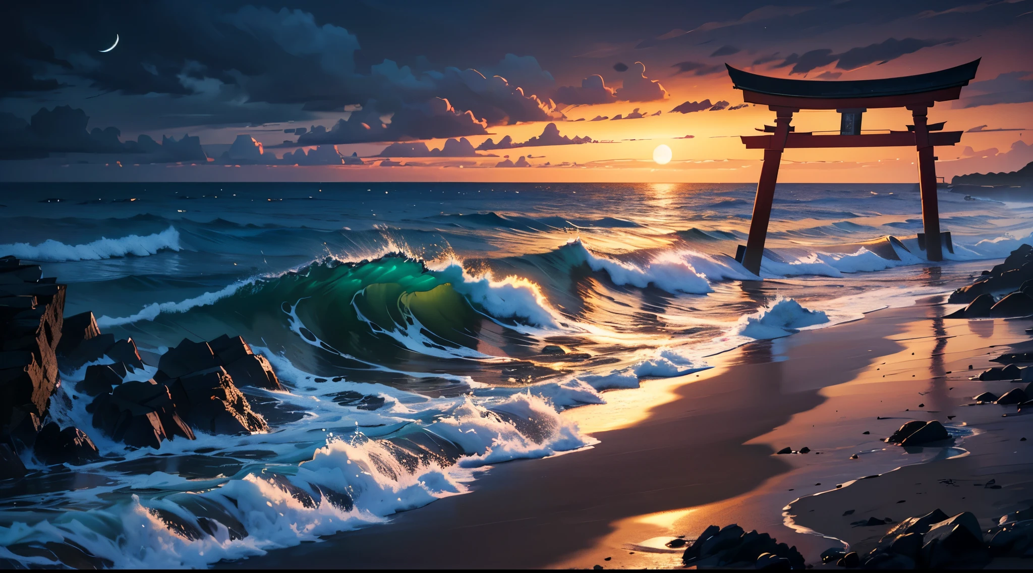 (best quality:1.2, highres, masterpiece:1.2), Torii gate, ocean, sea shore, waves, full moon, vivid colors, HDR, studio lighting