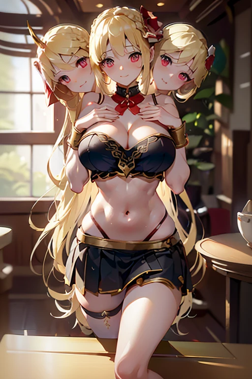 (masterpiece, best quality),best quality, best resoultion, (ultra-detailed), (3heads:1.4), 1girl, (rumia:1.3), masterpiece, best quality, black top, crop top, ((stomach)), midriff, ((groin)), black skirt, normal ears, shackles, blonde hair, very long hair, wavy hair, sidelocks, red eyes, parted lips, single horn, sweat, cute, toned belly, hand on own chest, eyelashes, (21 year old woman:1.3), (masterpiece:1.4), (best quality:1.4), (beautiful detailed), extremely detailed CG, extremely delicate and beautiful, depth of field, (finely detailed face), (perfect details:1.1), (mature female:1.3), wide pelvis, slender, large veiny breast, 8k resolution, high quality, high definition, extremely detailed, masterpiece, best quality, blonde hair, long hair, alluring presence, braid, short skirt, close up, big tits, young, hair ribbon, red ribbon