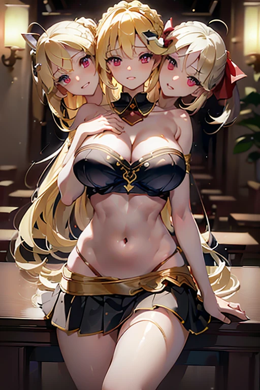 (masterpiece, best quality),best quality, best resoultion, (ultra-detailed), (3heads:1.4), 1girl, (rumia:1.3), masterpiece, best quality, black top, crop top, ((stomach)), midriff, ((groin)), black skirt, normal ears, shackles, blonde hair, very long hair, wavy hair, sidelocks, red eyes, parted lips, single horn, sweat, cute, toned belly, hand on own chest, eyelashes, (21 year old woman:1.3), (masterpiece:1.4), (best quality:1.4), (beautiful detailed), extremely detailed CG, extremely delicate and beautiful, depth of field, (finely detailed face), (perfect details:1.1), (mature female:1.3), wide pelvis, slender, large veiny breast, 8k resolution, high quality, high definition, extremely detailed, masterpiece, best quality, blonde hair, long hair, alluring presence, braid, short skirt, close up, big tits, young, hair ribbon, red ribbon