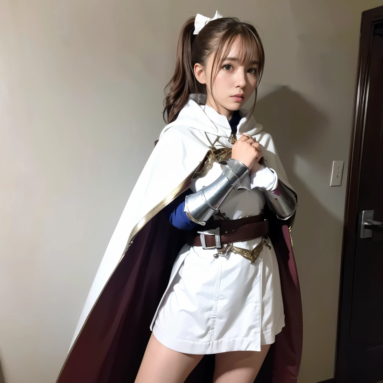Asuna, Asuna_(star), (1 girl,alone) ,fantasy, High resolution, 19 Private, original, (Worn on the sheath of the waist:1.3), smile, (White Night Wizard Long Cape:1.55), short hair, medium breasts, looking at the viewer, bangs ,Detailed hazel brown eyes, beautiful background, ((Asahi,Western-style private room)), hands on chest,(brown hair,short ponytail:1.5), (Platinum Knight Wizard Full Armor:1.55),short hair, Are standing,straight on, Avec,(whole body:1.1), white stockings,(Avec:1.4),