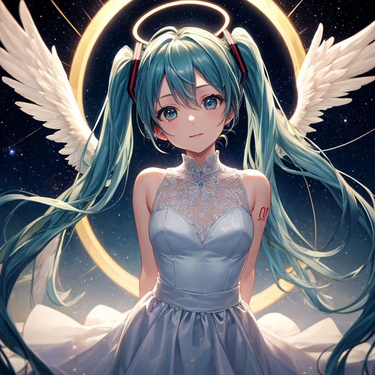 masterpiece, best quality, hatsune miku, white gown, angel, angel wings, golden halo, dark background, upper body, (closed mouth:1.2), looking at viewer, arms behind back, blue theme, stars, starry night