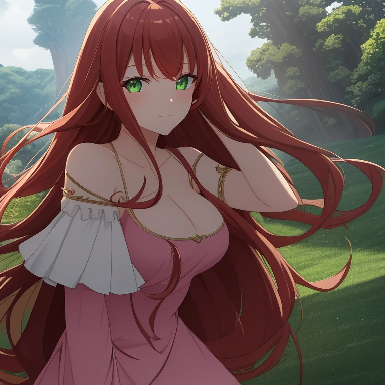 best quality, 1girl, long hair, red hair, green eyes, princess, off shoulder dress, pink dress, large breasts, hall,