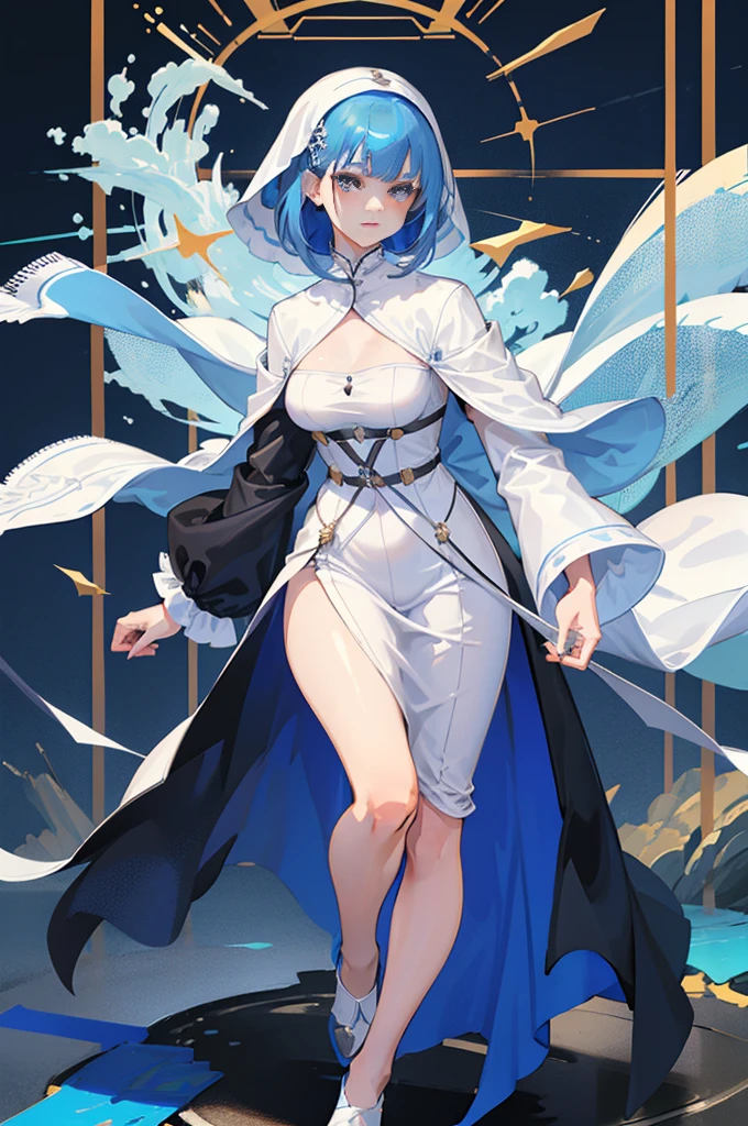 1girl, proper clothing, standard plain nun outfit, elegant, lady, mature, tall woman, (Topaz blue hair: 1.2), ruins, sky, detailed face, cute face, detailed hair, majestic, mirage, lighting, covert, sharp, full body