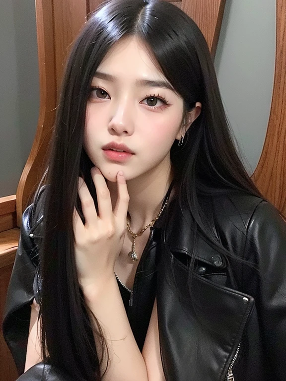 um close up de uma mulher com cabelos longos usando uma jaqueta preta, dilraba dilmurat, coreana, linda mulher sul-coreana, Xision Wu, Ulzzang, linda jovem coreana, jaeyeon nam, Jinyoung Shin, Ruan Jia Lindo!, Asian girl with long hair, Xintong Chen, adorable and pale korean face, cruel korean goth girl