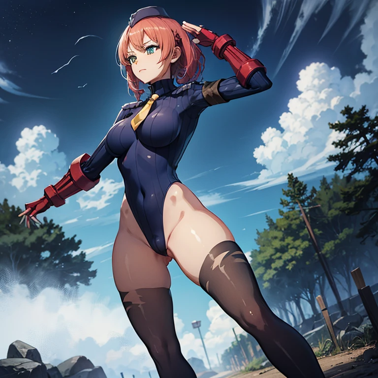 ultra-detailed, Explicit, Beautiful body, Beautiful Nose, Beautiful character design, perfect eyes, perfect face, ultra highres, 4K, beautiful legs, perfect legs, Nice hands, Perfect hand, Masterpiece, Best Quality, Highly detailed, illustration, absurdres, street fighter, doll suit, shadaloo doll, dollsuit, expressionless, blank eyes, looking at viewer, red gloves, emotionless, black latex, corrution, mind control, female combatant, full body, hypnotized, unhappy trance, full body suit, ribbed bodysuit, both arms at side, obey, perfect female body, extremely glossy latex, hypnosis, hypnoLora, empty eyes, Mind control device, poses, submissive_pose, Slave, hat, necktie, standing, standing up straight, Standing at attention, hat, yellow necktie, belt, latex, ribbed bodysuit, thighhighs, garter belt, Fighting Stance, saluting, military, military saluting, salute, thigh boots, solo, blood on shirt, blood on hand, blood on clothes, blood on face, blood, blood on arm, blood on cheek, blood on leg, Elizaveta Fomina, Madan no Ou to Vanadis, heterochromia, yellow eyes, blue eyes, hair ornament, very long hair, pink hair