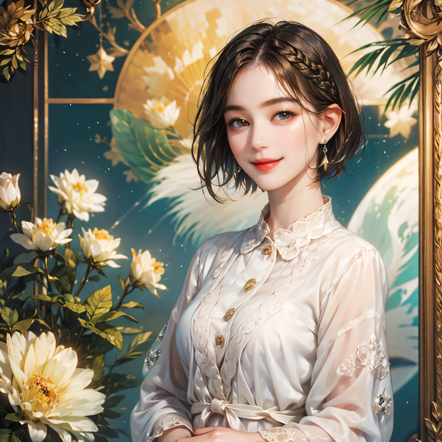 143
(20 year old woman), (surreal), (High level image quality), ((beautiful hairstyle 46)), ((short hair:1.46)), (gentle smile), (breasted:1.1), (lipsticks)