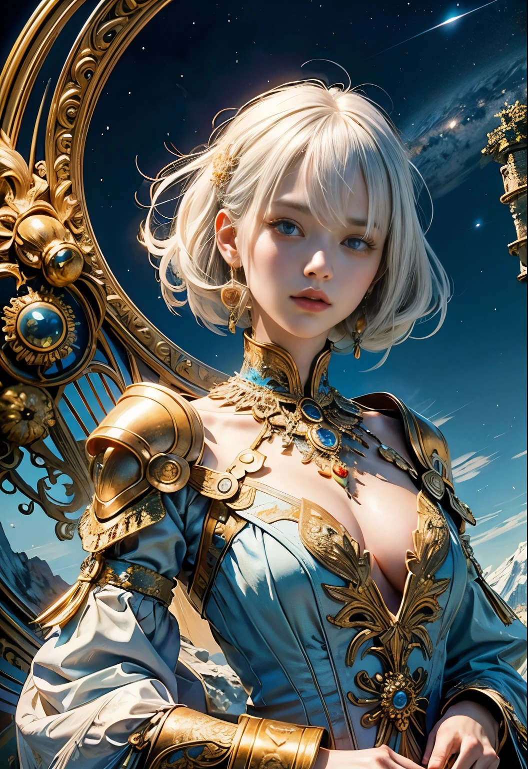 (muste piece, highest qualityの, highest quality, official art, beautiful and aesthetic:1.2), (1 girl), very detailed,(fractal art:1.3),colorful,best details, she has white hair and blue eyes, She is facing backwards,girl in the center of the photo, she is wearing a golden luxurious dress