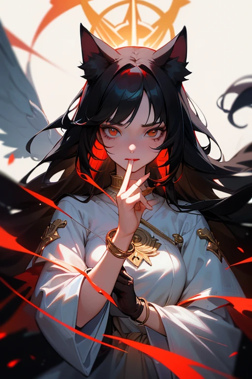 ultra-detailed, woman, cat ears, white eyes, black hair, long hair, wears white clothes with red adornments, wears a gold bracelet on her left hand, on her right hand she wears a red bracelet, the cloth and one black, one face, ethereal lighting, mystical atmosphere, vibrant colors