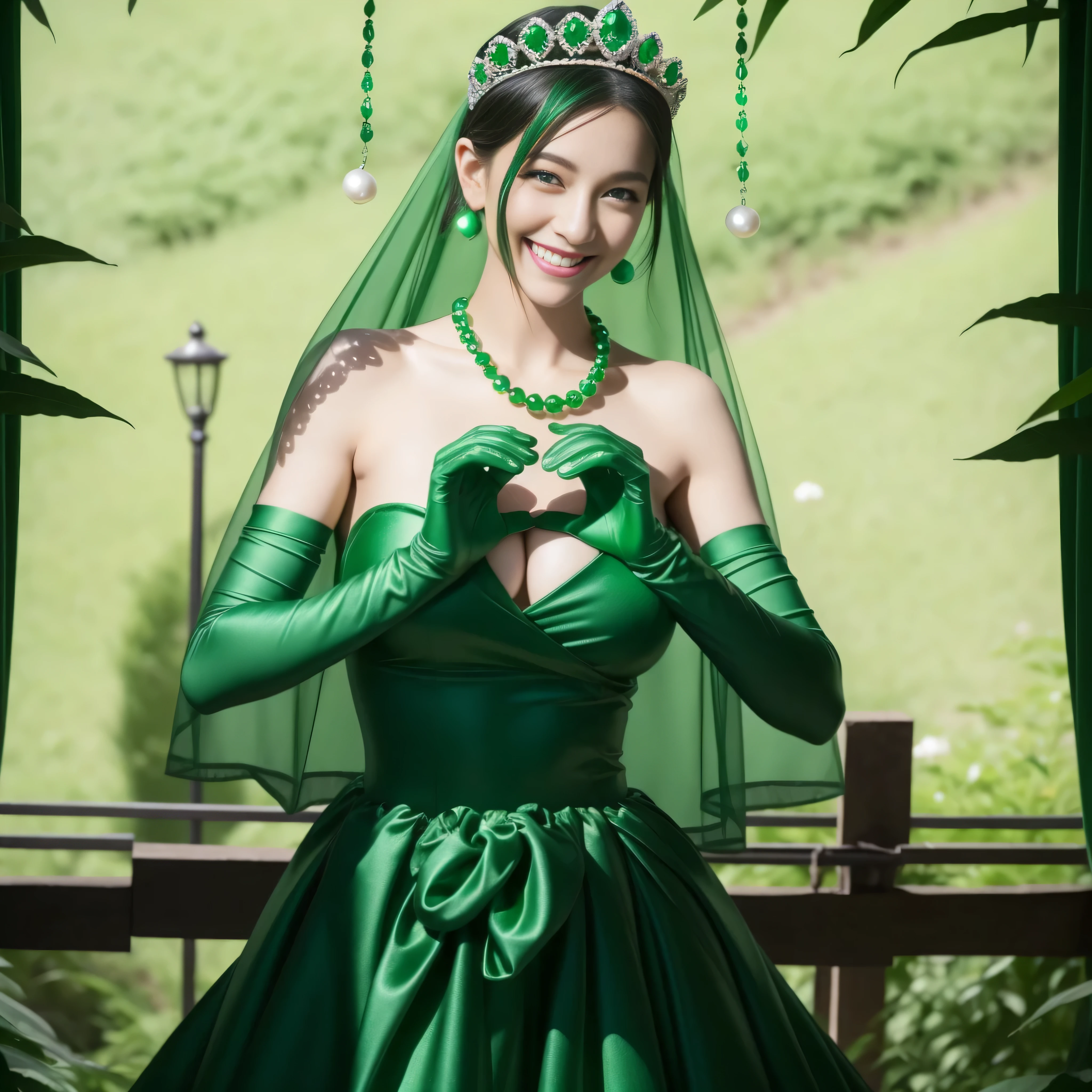 emerald tiara, Green Pearl Necklace, Boyish very short green hair, lipsticks, Japan woman smiling, very short short hair, big breasts beautiful, Green eyes, Long green gloves made of satin material, Green eyes, Emerald Earrings, green vale, Heart with both hands