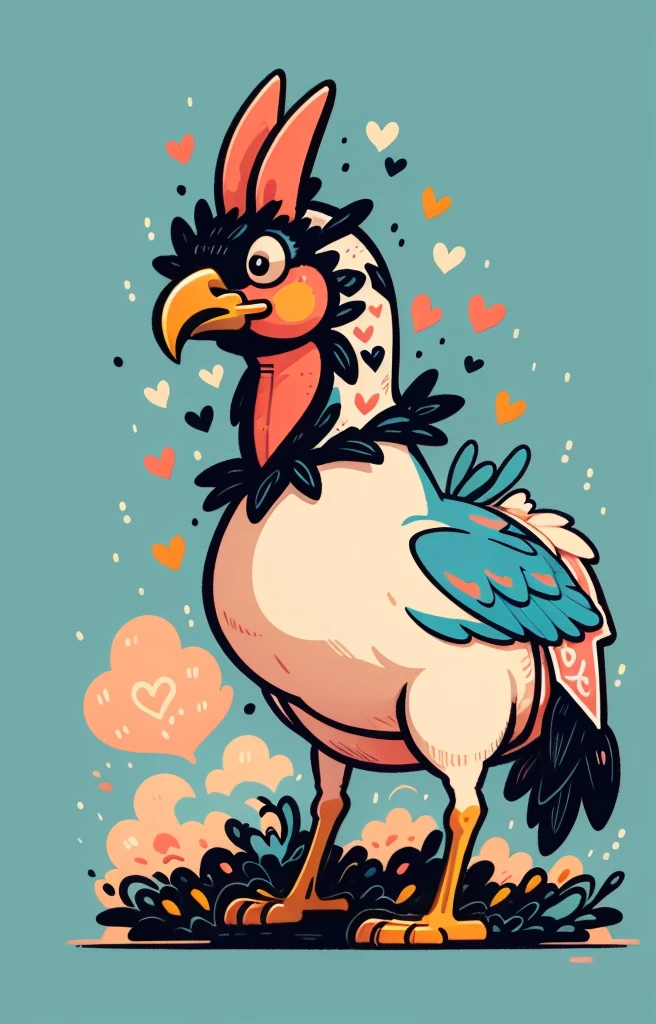 STYLE: illustration | SUBJECT: a playful prized black rooster | AESTHETIC: super kawaii, bold outlines | COLOR PALETTE: pastel | IN THE STYLE OF: Sanrio