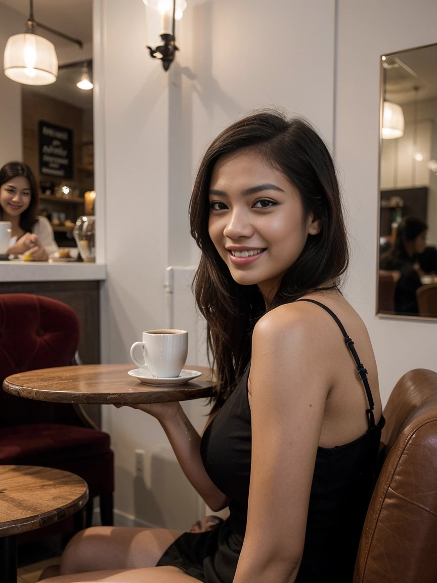 Stunningly beautiful young Malay women, sitting and relaxing, enjoying coffee in a classy cafe, smiling