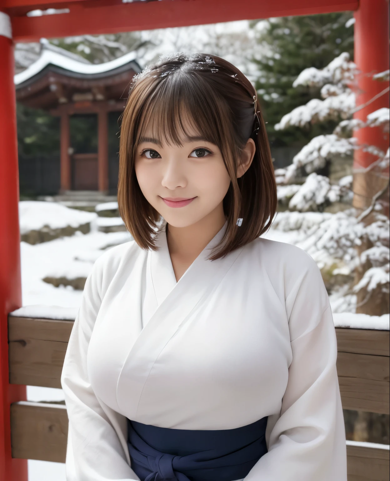 shrine、sunny winter weather、the leaves wither and fall、snow-covered plants、Japanese clothing、plain white kimono、The skirt part is red、miko、Standing in front of the torii gate with the shrine behind、 Sakimi-chan,, nice and cute, innocent smile, , nice smile, Sakimi-chan HDRI、li big breasts、,(Big breasts that are about to burst:1.20),(beautiful big breasts 1:1)、brown hair、brown hairの髪、beautiful eyes、liirl with short bob