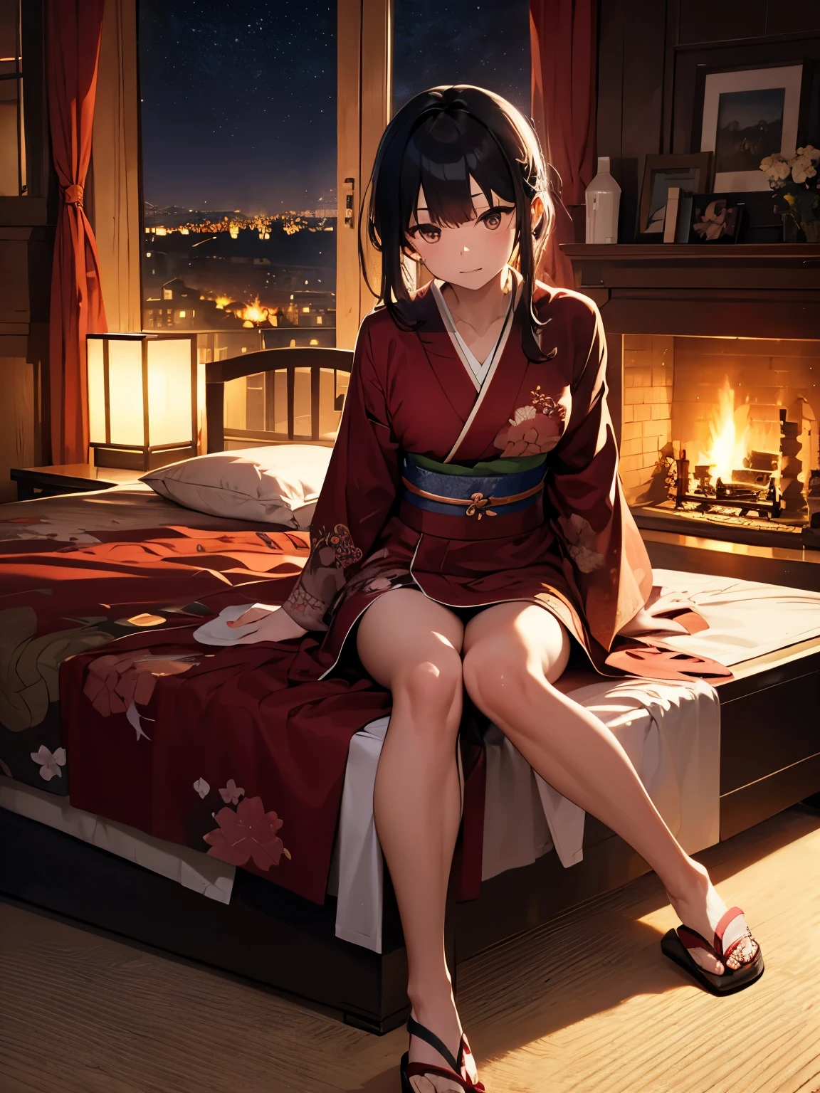 Fireplace bedroom, moody night lighting, disheveled kimono, bed, red base kimono, detailed and delicate dragon embroidery,