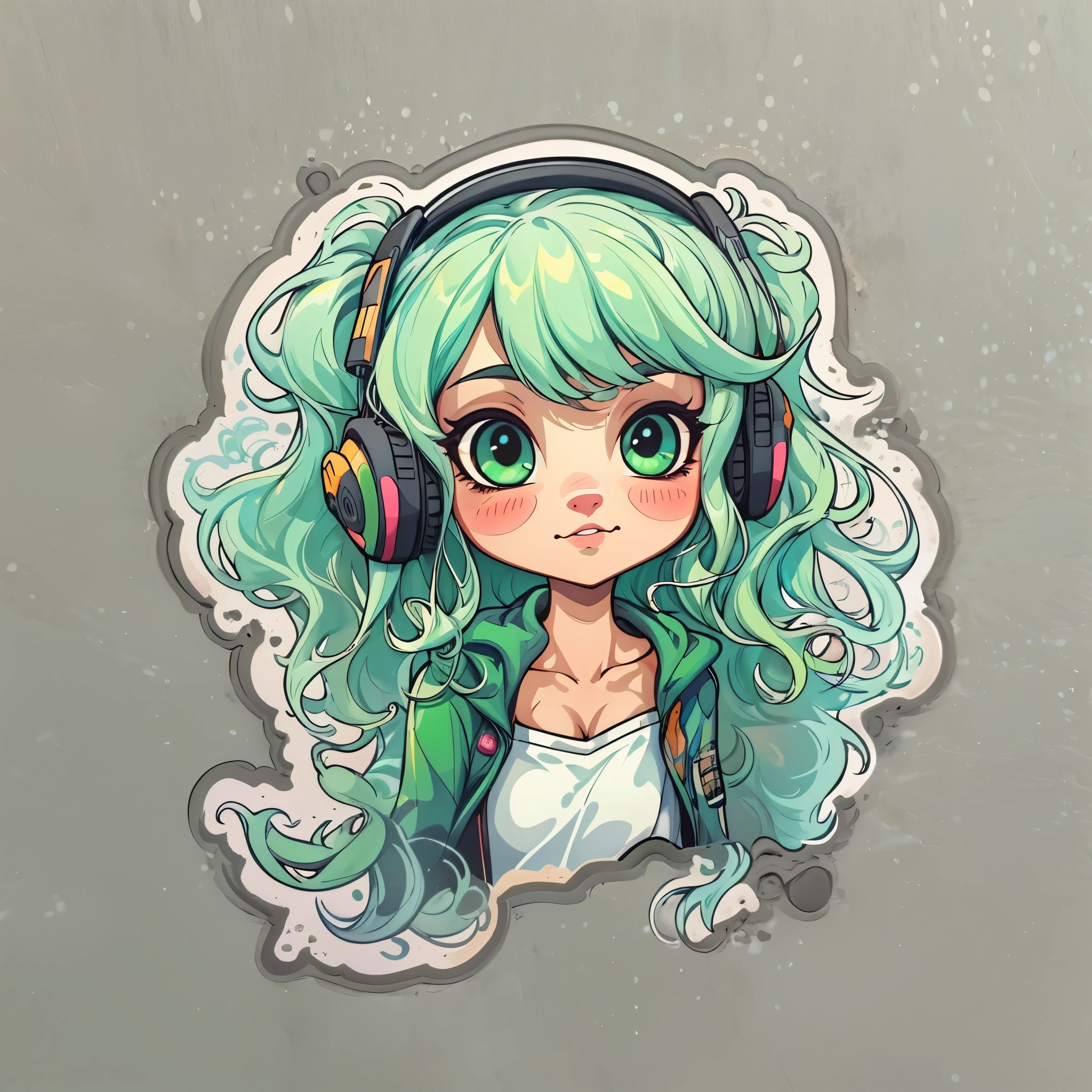 (1sticker),Handbook,(a sticker,1woman,gamer,(A half body),green hair, White color blouse, dark brown skin), white background, background, dk, adorable, Little big breasts柄, pastel colour, vector style, no gradient