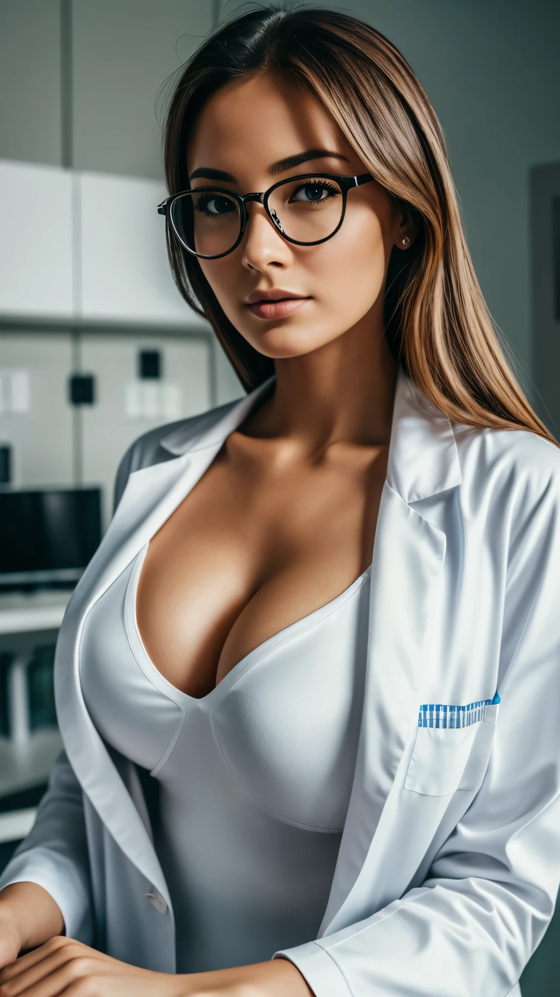 low angle shot, a beautiful female doctor leaning over, staring into camera, wearing glasses, white lab coat, tight white blouse, unbuttoned, her cleavage exposed, down dress view, beautifully lit, dramatic composition, epic scale, sense of awe, ultra-high res. photorealistic:.1.4, (high detailed skin:1.2), 8k uhd, dslr, high quality, film grain, Fujifilm XT3