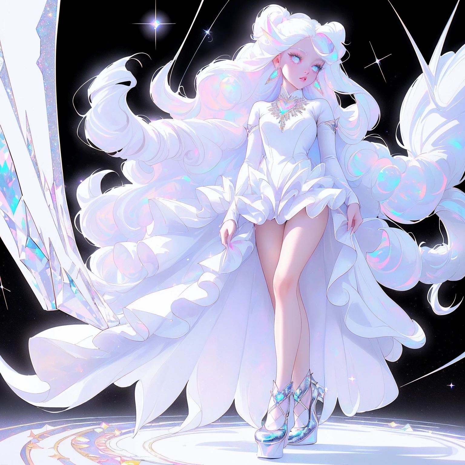 {-erro_de_anatomia:1.0} masterpiece, highest quality, (perfect face:1.1, (high detail)1.1, sweet stardust vampire , long soft white hair, opal eyes, perfectly drawn face, black dress, white background, prismatic lighting, glitter, whole body, cristal shoes, walking feet under the stars