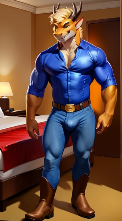 solo, male, buff muscular, eastern dragon, scalie, orange dragon, beige short hair, (detailed hair: 1.2), hi res, soft shading, (grin expression), ( solo 1.1) (detailed), (masterpiece: 1.2), ( full body head to toe show), wearing a super tight jeans, ( blue tight jeans: 1.1), (shiny sparkling magical golden brown cowboy boots: 1.1) erect bulge, (detailed bulge), (penis outline bulge), at a hotel room, by chunie