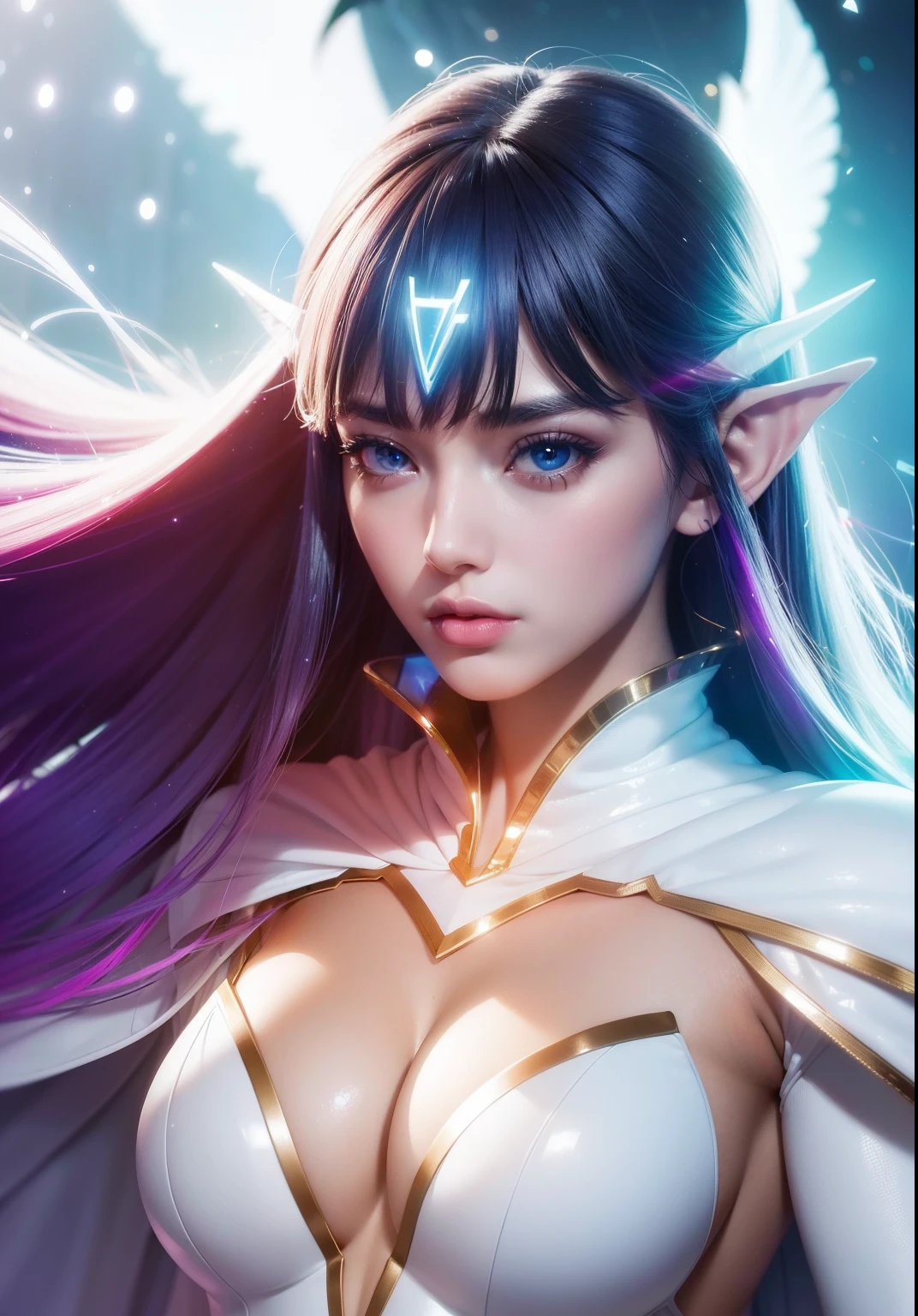 Bust to waist ((perfect beauty face)) perfect skin, hyperrealistic masterpiece, Superheroine woman ((fringe glowing colorful)) in extremely complex & superdetailed tight plugsuit ((with white cape)), sharp focus, cinematic illumination: 8k, (((elfcore aesthetic style::1)))