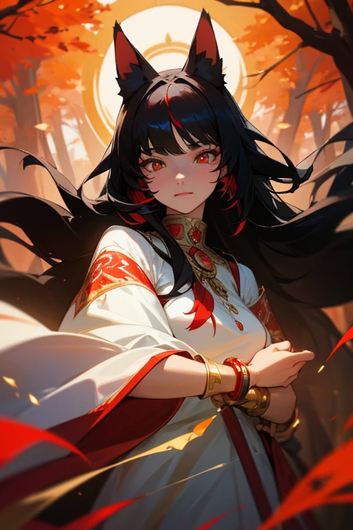 ultra-detailed, woman, cat ears, white eyes, black hair, long hair, wears white clothes with red adornments, wears a gold bracelet on her left hand, on her right hand she wears a red bracelet, the cloth and a tree in autumn, a face, ethereal lighting, mystical atmosphere, vibrant colors
