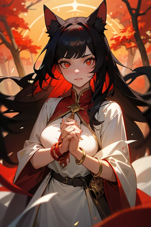 (masterpiece, best_quality, ultra-detailed, immaculate:1.3), portrait, upper body, detailed face, detailed hands, ((1girl:1.15)), epic, kitsune, ((9 tail fox)), foxgirl, japanese spirit, ((beautiful red kimono)), ((damaged, bloody, Injured, action pose)), ((Defeated pose, falling on knees:1.35)), ((dramatic, sadness face expression, crying)), curvy body, ((messy black hair, disheveled black hair)), animal eyes, yellow fox glowing eyes, fog, mist, black cave, dark deep cave background ambiance