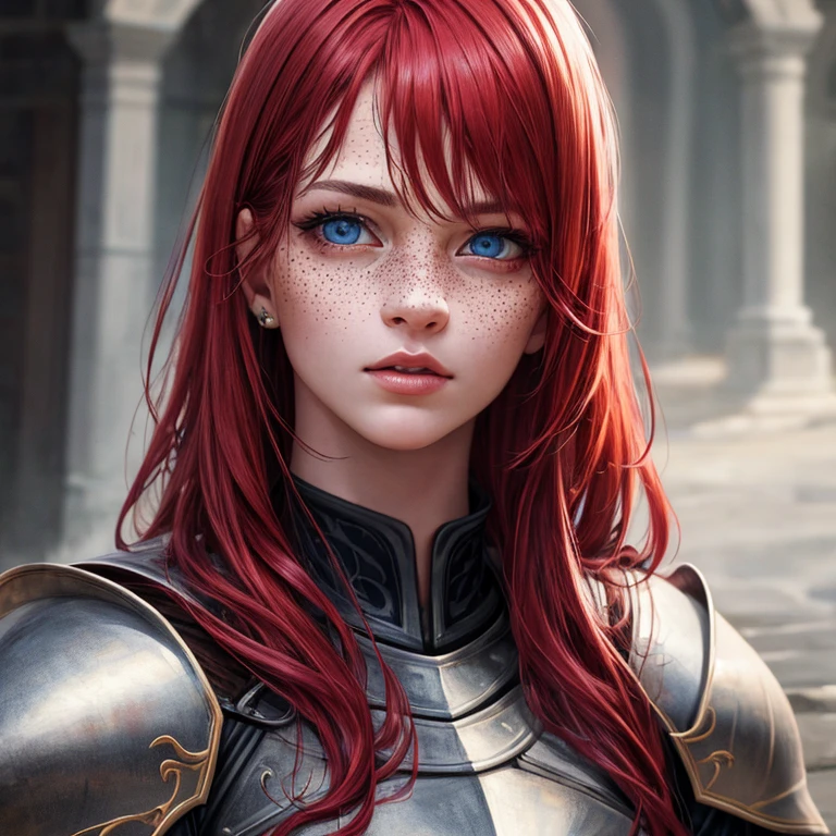 masterpiece, (realistic), highres, highly detailed, intricate, beautiful woman, red hair, blue eyes, freckles, detailed face, knight, armor