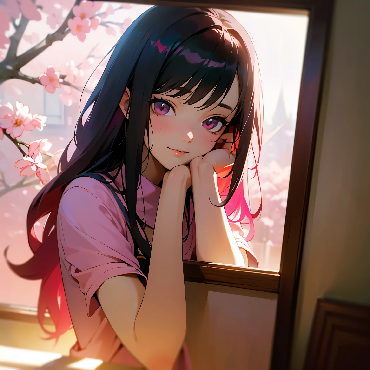 A teenage boy magically transformed into a cute girl, gender-bending, anime-style with pink eyes and long black hair with a streak of pink dye, is happily checking her new body in the bedroom. (best quality, 4k, highres, masterpiece:1.2), ultra-detailed, (realistic:1.37) Medium: Anime-style, portraits Additional details: Soft sunlight filters through the curtains, casting a warm glow on the room. The walls are adorned with posters of favorite anime characters, adding to the playful atmosphere. Plush toys and colorful accessories are scattered around, hinting at the character's joyful personality. In the corner, a vanity mirror reflects the newly transformed girl, capturing her excitement and surprise. Blossoming cherry tree branches visible outside the window add a touch of nature to the scene. Color palette: Vibrant pinks, pastel shades, and soft, warm tones dominate the composition, amplifying the cheerful and lively ambiance. Lighting: Soft, diffused natural light illuminates the scene, accentuating the character's facial features and highlighting the colorful elements in the room. Sparkling bokeh from the sunlight adds a magical and dreamlike quality. 