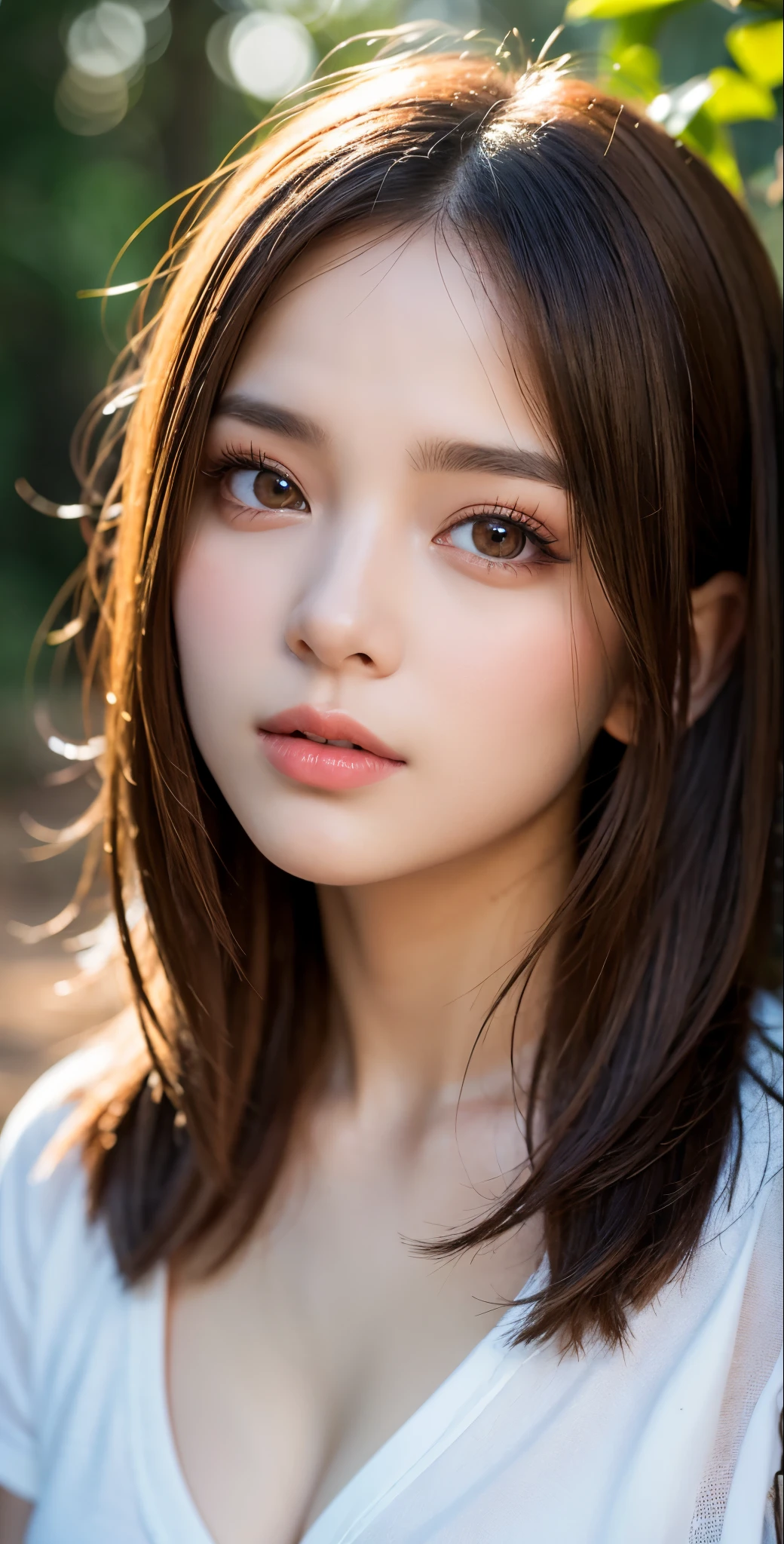 portrait, high quality, Smooth skin, ((best quality, 8K, masterpiece :1.3)), 1 girl, Beautiful girl , casual wear :1.2, in the woods, Super detailed face, delicate eyes, double eyelids