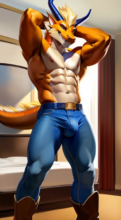 solo, male, buff muscular, eastern dragon, scalie, orange dragon, beige short hair, (detailed hair: 1.2), hi res, soft shading, (grin expression), ( solo 1.1) (detailed), (masterpiece: 1.2), ( full body head to toe show), topless, hands behind his head, wearing a super tight jeans, ( blue tight jeans: 1.1), (shiny sparkling magical golden brown cowboy boots: 1.1) erect bulge, (detailed bulge), (penis outline bulge), at a hotel room, by chunie