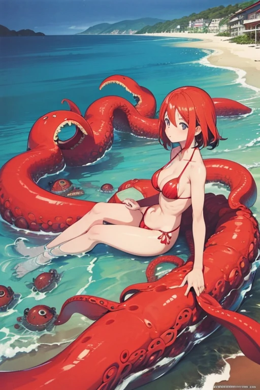 a woman sitting on a beach next to an octopus, an album cover, inspired by Hiromu Arakawa, naive art, covered in red slime, spider legs large, 1980 manga, ( art fitzpatrick )
