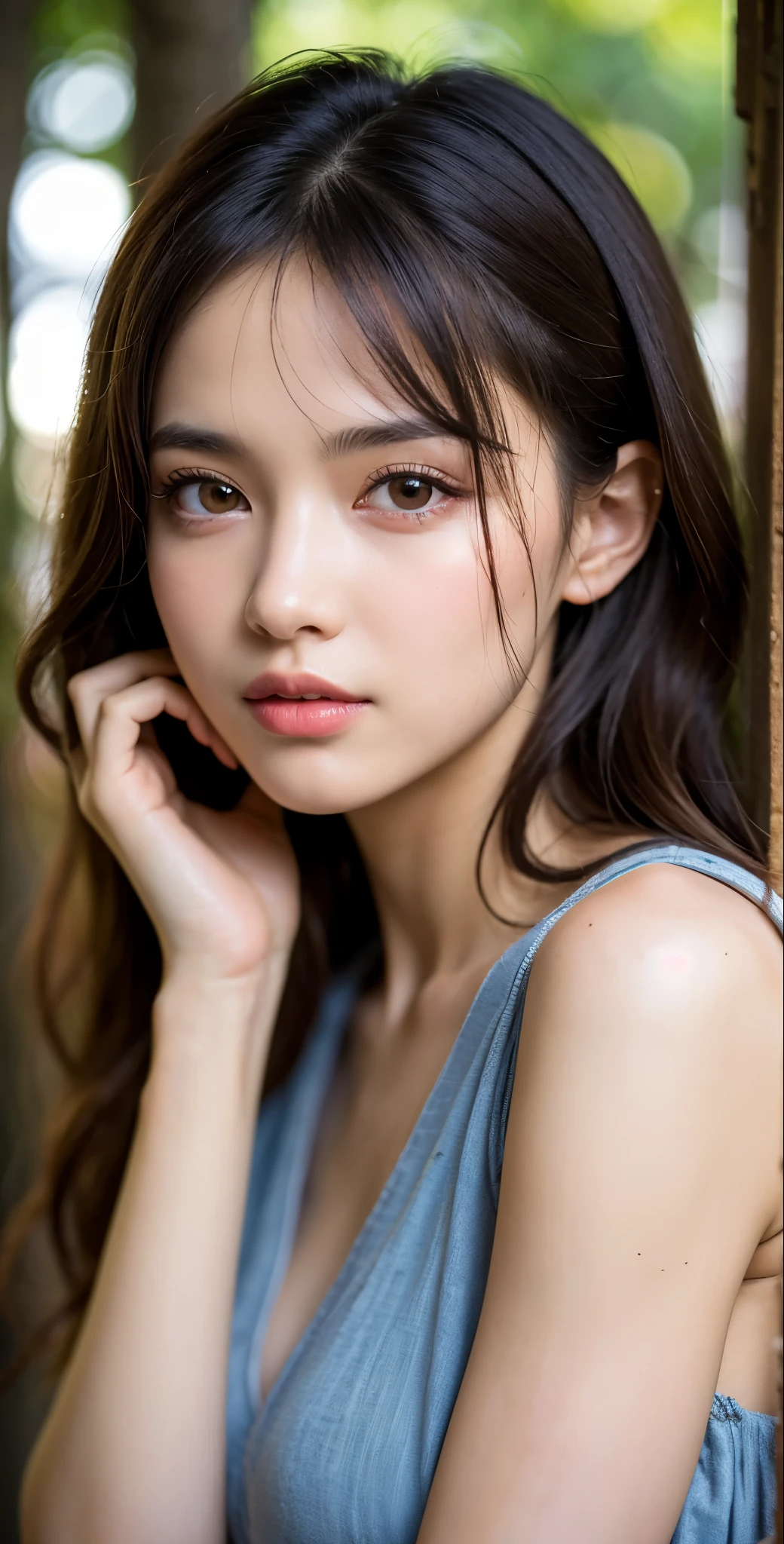 portrait, high quality, Smooth skin, ((best quality, 8K, masterpiece :1.3)), 1 girl, Beautiful girl , casual wear :1.2, in the woods, Super detailed face, delicate eyes, double eyelids