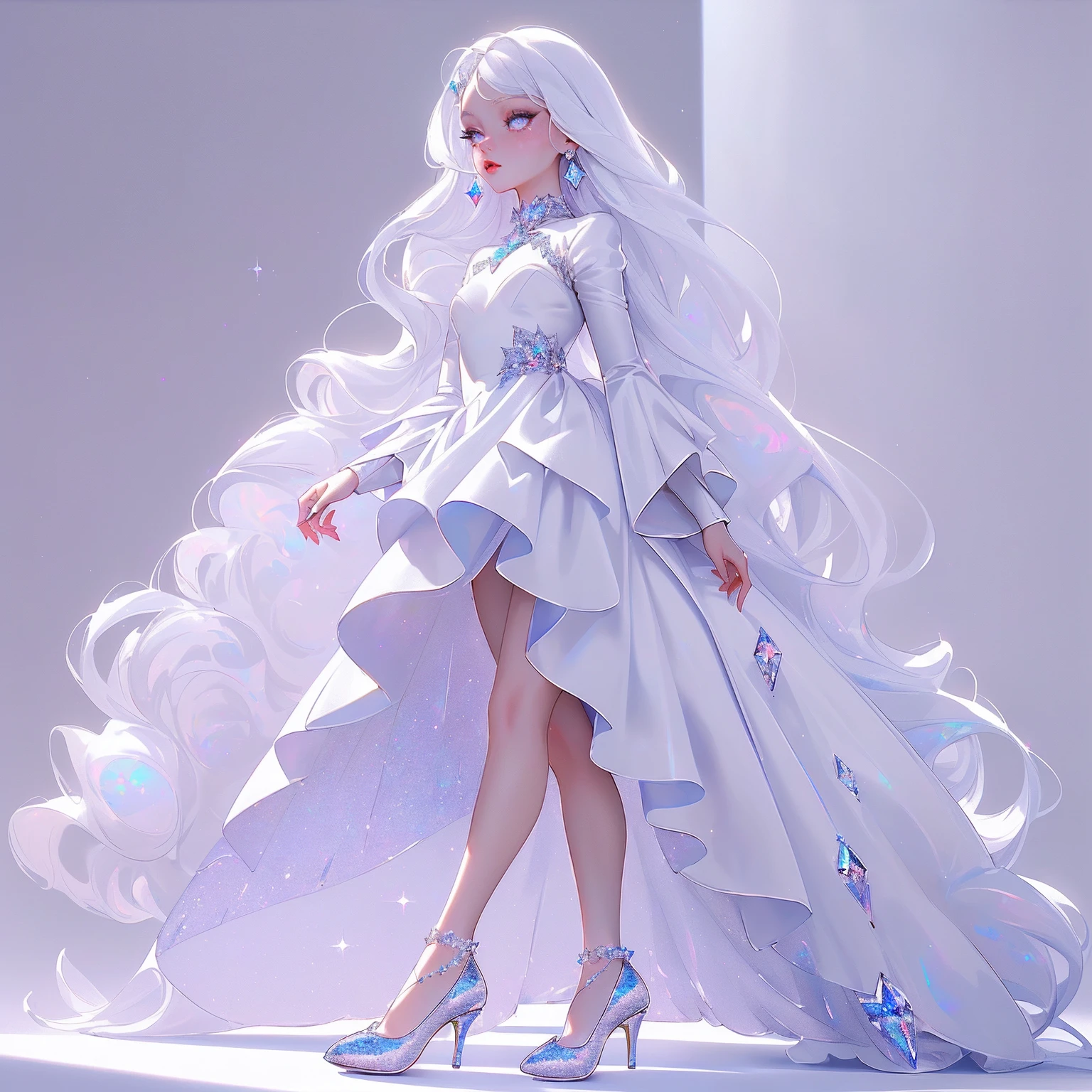 {-erro_de_anatomia:1.0} masterpiece, highest quality, (perfect face:1.1, (high detail)1.1, sweet stardust vampire , long soft white hair, opal eyes, perfectly drawn face, black dress, white background, prismatic lighting, glitter, whole body, cristal shoes, walking feet under the stars
