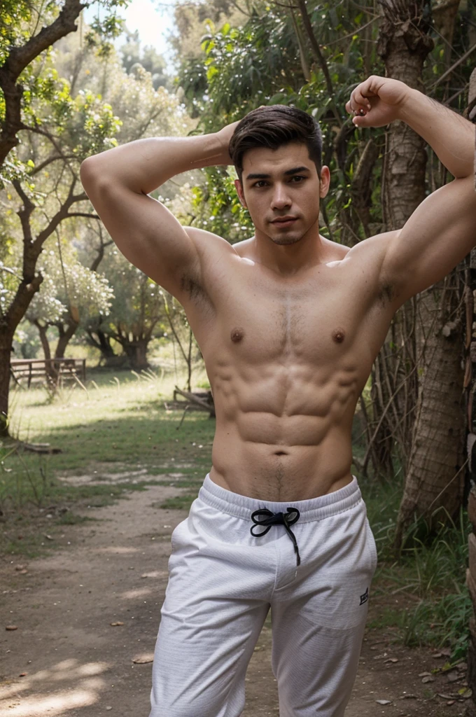 Joven europeo, , piel blanca, cabello rubio, ojos azueles, detallado, paquete grande, musculos, sin camisa, con pantalon de ejercicio, deportivo, aire libre, bosque, cercas del rio, con mochila, dia del gusano, sexy, realista, sudor, 4k, hd, hermoso, guapo