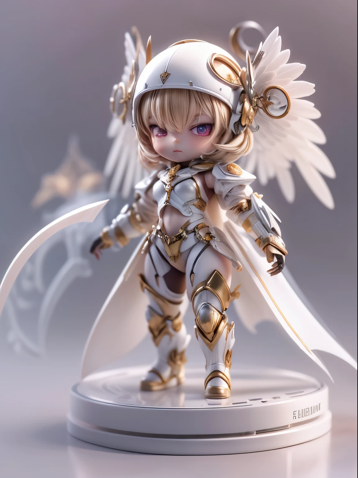 (Blind box toy style:1.2), (Full body shot) , 1 Mechanical Angel ,anatomy correct，white transparent plastic winglack-transparent armor, hooding:1.2, Solo，(circular base:1.2）， cyberpunk style, dreamy glow, Clean, Brown undertone, Battle damage style:1.2,white transparent style ( Clean background，Global illumination, Ray traching, hdr, unreal render,reasonable design, high detal, Masterpiece, Best quality, hyper HD, Cinematic lighting)