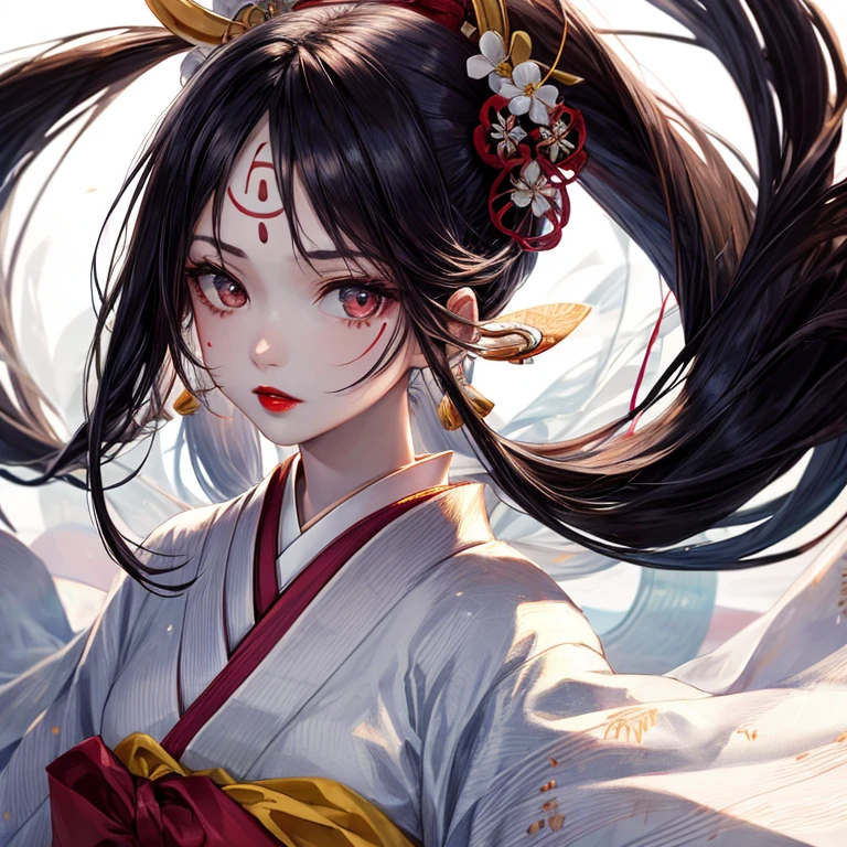 masterpiece,best quality,highly detailed,ultra-detailed,an extremely delicate and beautiful,masterpiece,1girl, solo,kaguya, long hair, forehead mark,red lips, pale skin,white short eyebrows, otsutsuki kimono, floating hair, white background, looking at viewer,