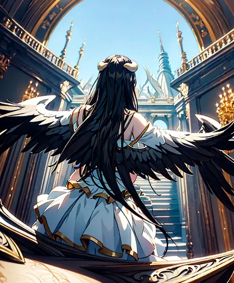 high resolution, sharp focus, pixiv masterpiece, ((intricate details)), highly detailed, 1 girl, black wings, short white dress ...