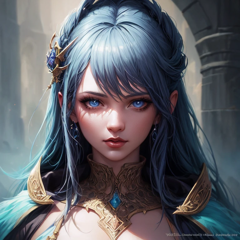 Un primer plano de una mujer con ojos azules y una espada, Fantasy art style, Detailed Matte Fantasy Portrait, 4K fantasy art, fantasy concept art portrait, epic fantasy art style, Detailed fantasy art, Epic Fantasy Art Style HD, Artgerm detallado, Fantasy Art Portrait, epic fantasy digital art style, epic fantasy art portrait, Neoartcore y Charlie Bowater
